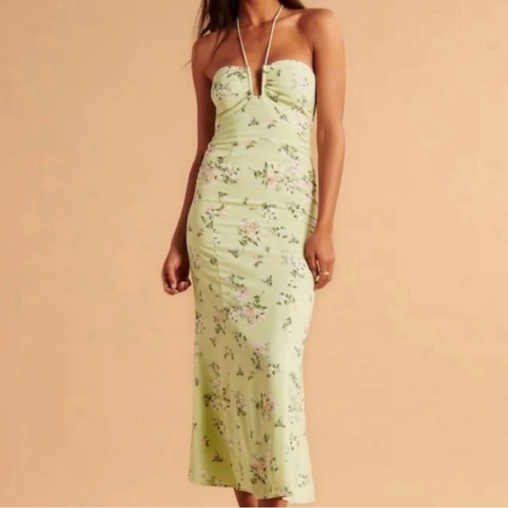 Abercrombie & Fitch Strapless Maxi Dress in Soft Green with Floral Design